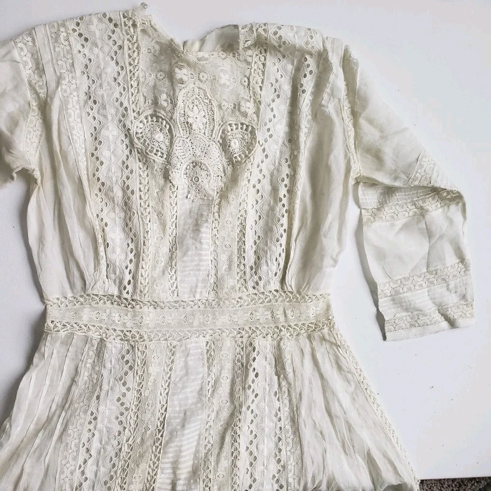 1900s Antique Edwardian White Summer Garden Lawn Dress Lace Linen Tea Gown #68 - Picture 3 of 14